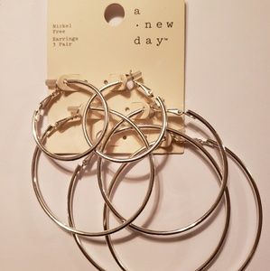 3 Pair of Silver hoop earrings